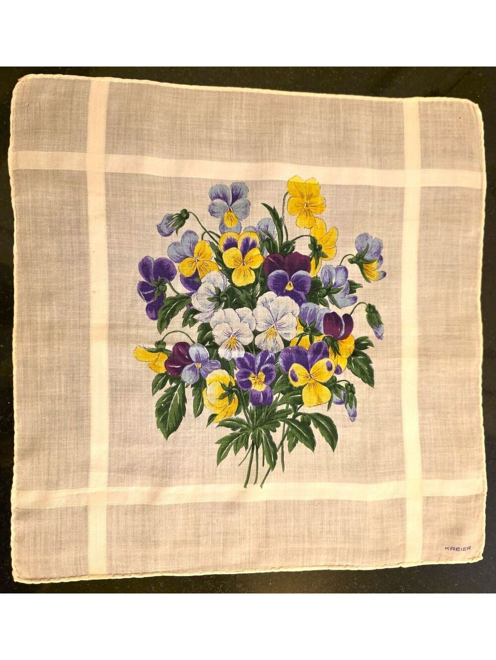 Vtg 1939 Kreier Bouquet Pansies Flowers Cotton Swiss Handkerchief - Written Note